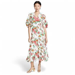 NWT Rhode Fiona Wrap Dress Floral Print Puff Sleeve Cotton Midi Boho Size XS